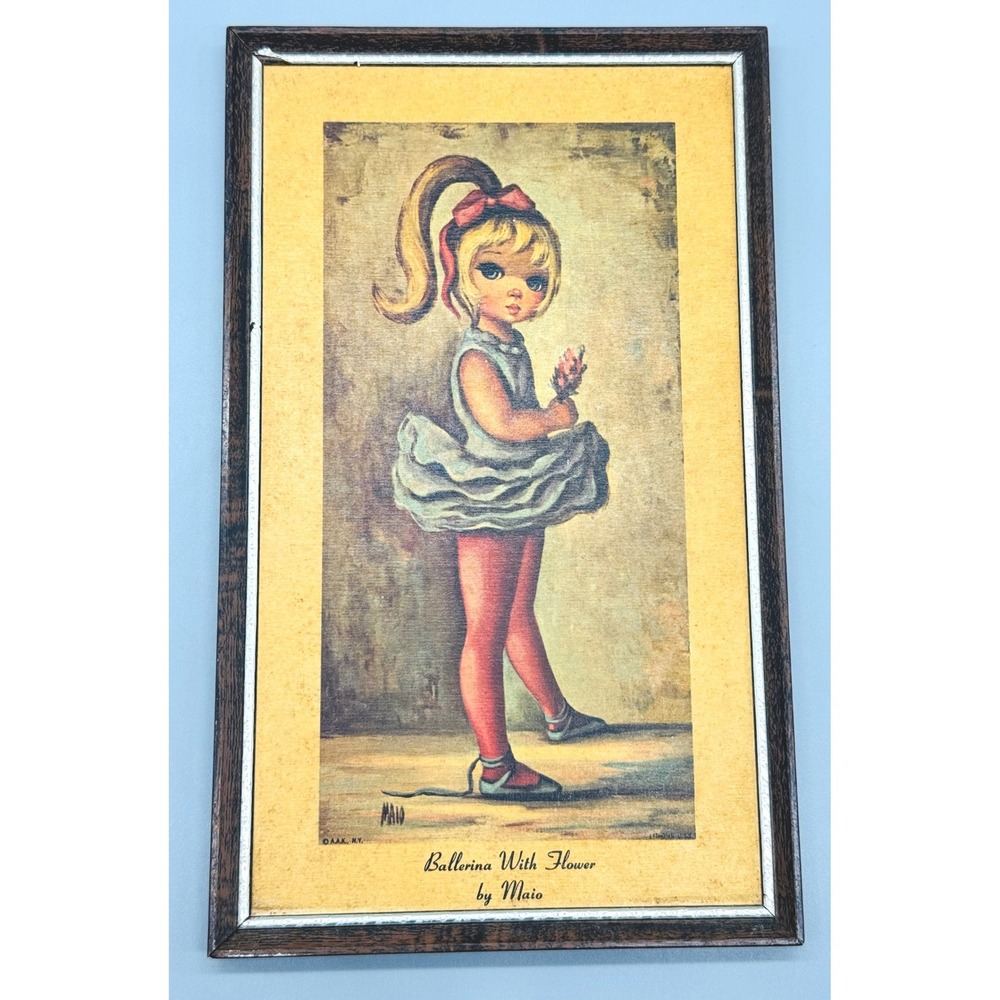 Maio Framed Art Print Ballerina With Flower Big Eye Mid Century Vintage Kitsch